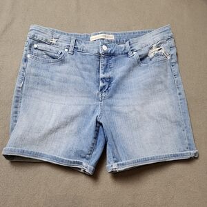 Denver Hayes High rise Mid Length jean shorts Sz 14 Distressed